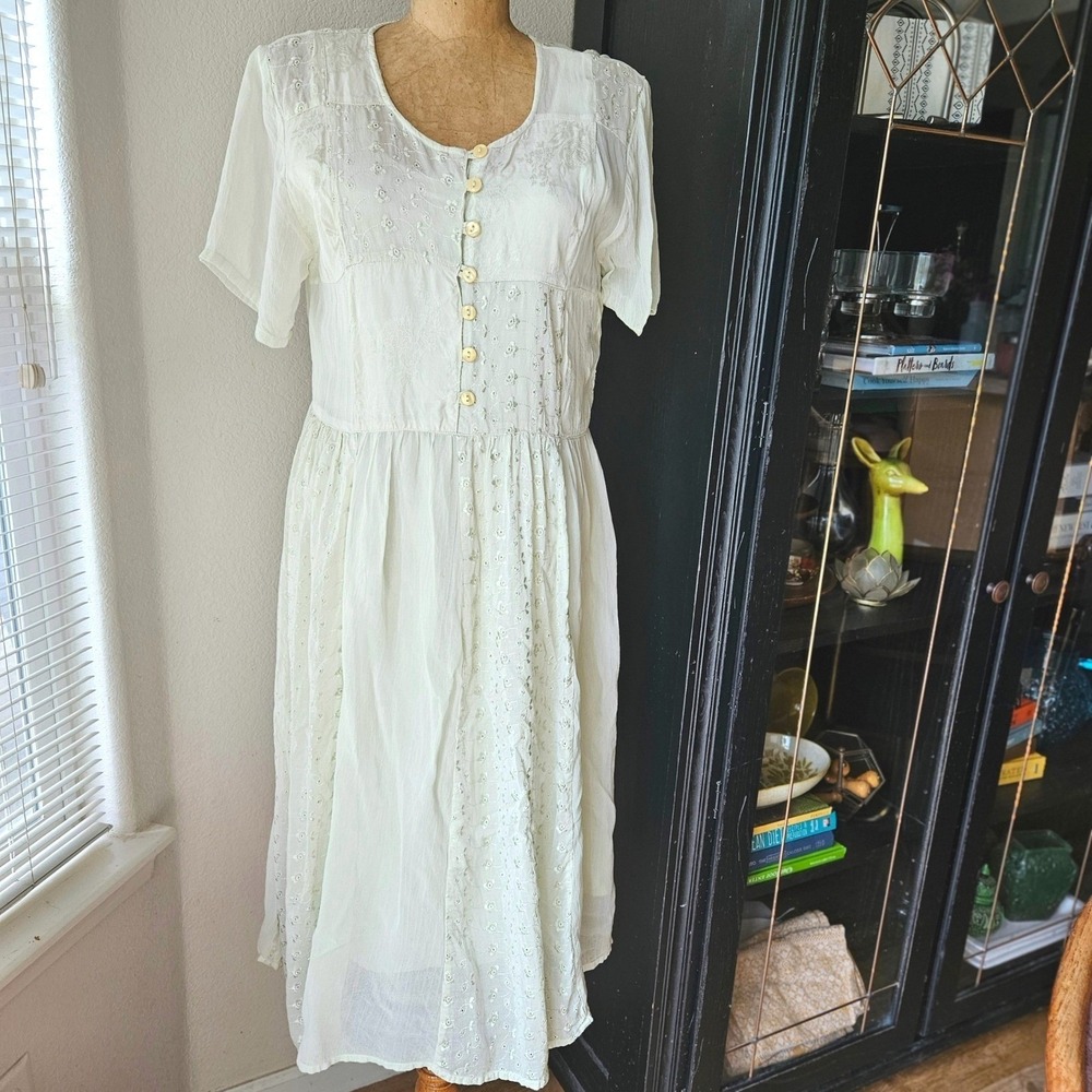 Vtg Light Green Embroidered Midi Dress Cottagecore Prairie Boho Button Front M